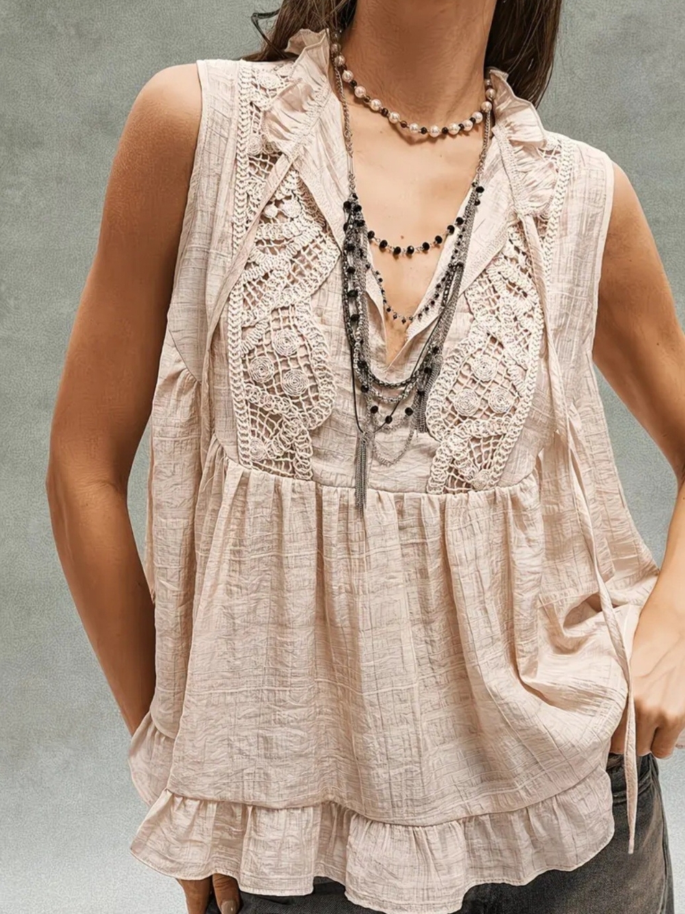 Sleeveless  Peasant Blouse - Light Blush/Cream